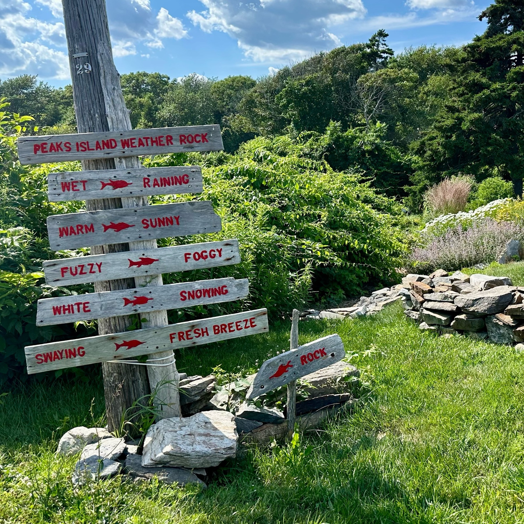 Auto-generated description: A weather rock sign on Peaks Island provides humorous weather predictions based on how the rock appears, such as wet for rain or fuzzy for fog.